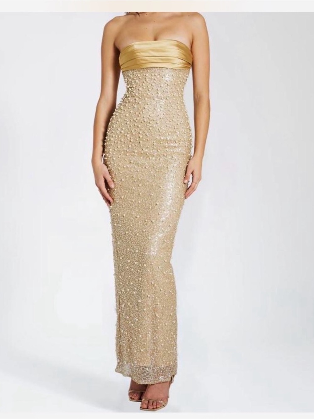 Strapless Gold Sequin Column Prom Dress